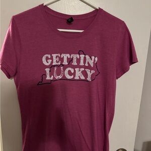 Pink Graphic Tee with 'Gettin' Lucky' Kentucky Print